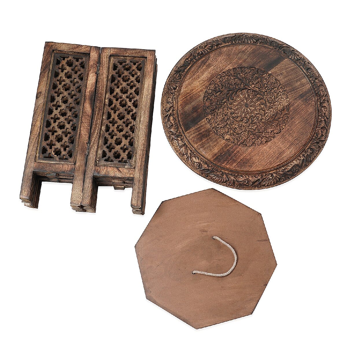 NAKKASHI Hand Craved Mango Wood Table with Floral Carvings and Jali Stand in Antique Burn Finish Brown Colour