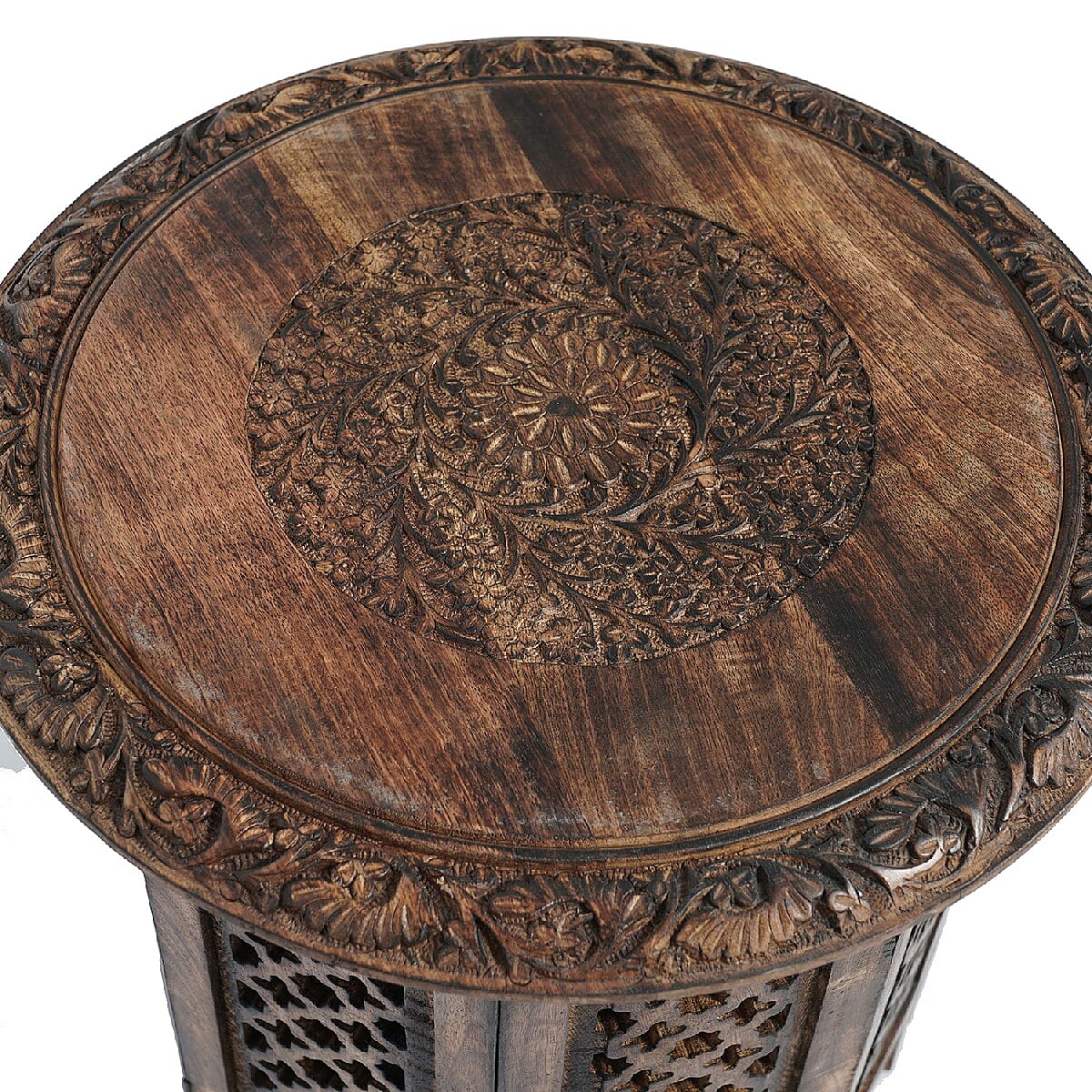 NAKKASHI Hand Craved Mango Wood Table with Floral Carvings and Jali Stand in Antique Burn Finish Brown Colour