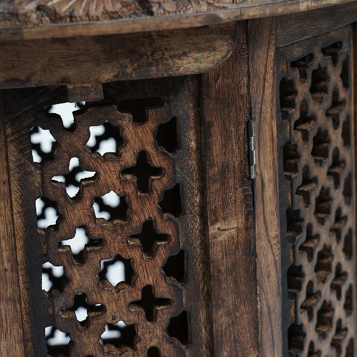 NAKKASHI Hand Craved Mango Wood Table with Floral Carvings and Jali Stand in Antique Burn Finish Brown Colour