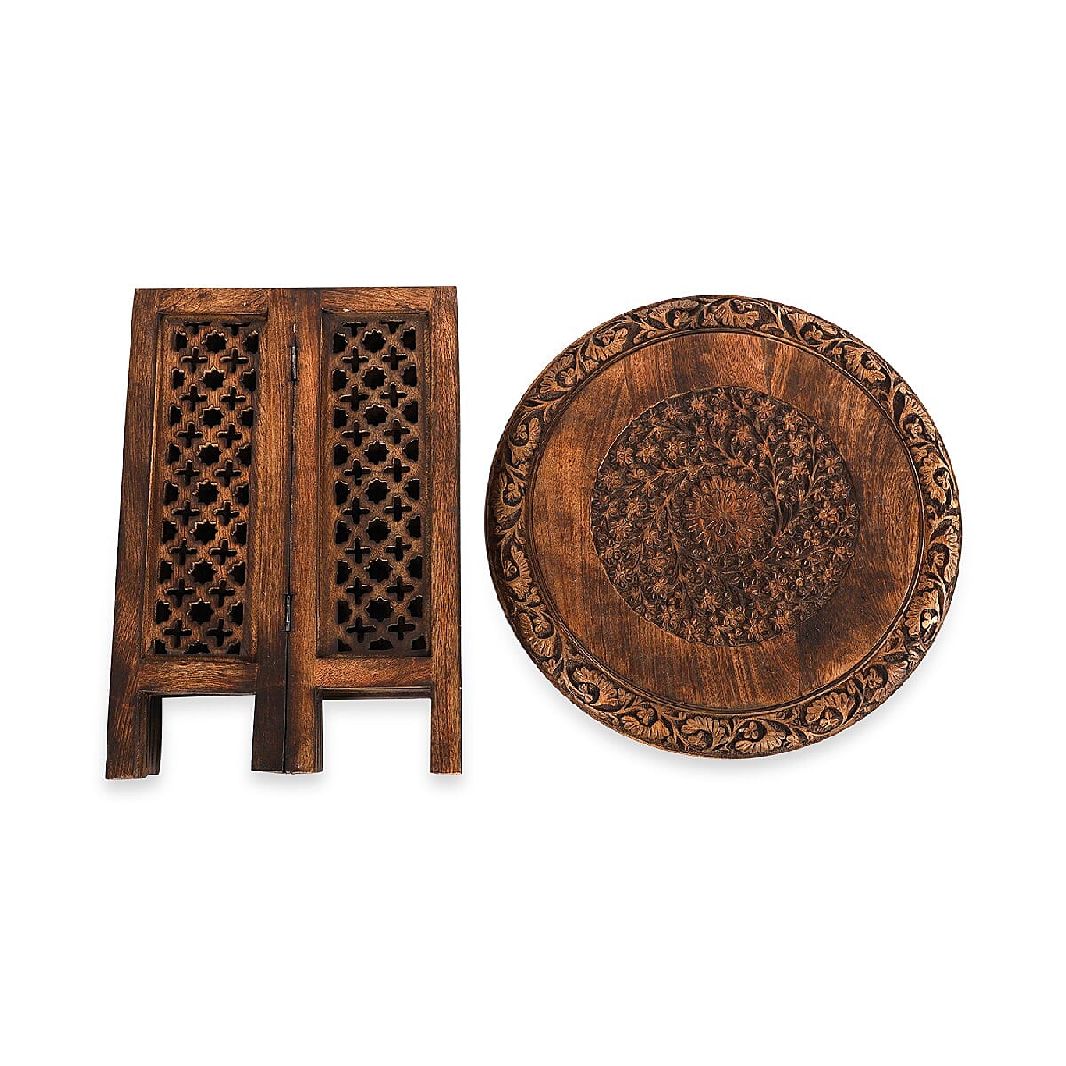 NAKKASHI Hand Craved Mango Wood Table with Floral Carvings and Jali Stand in Antique Burn Finish Brown Colour