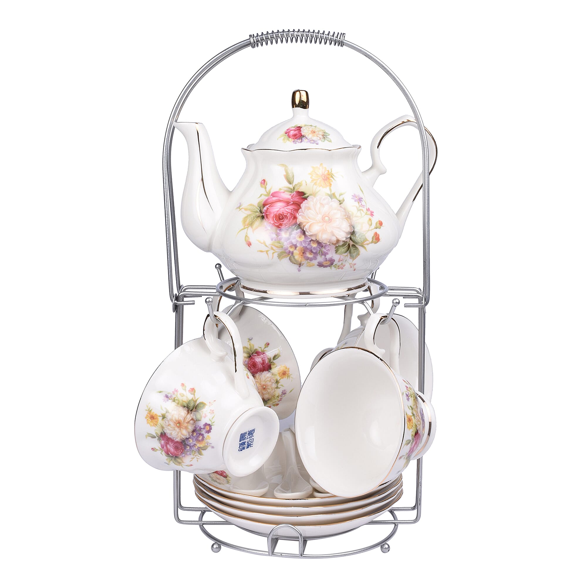 Set of 14 - Rose Pattern Tea Set with Storage Rack - White & Red