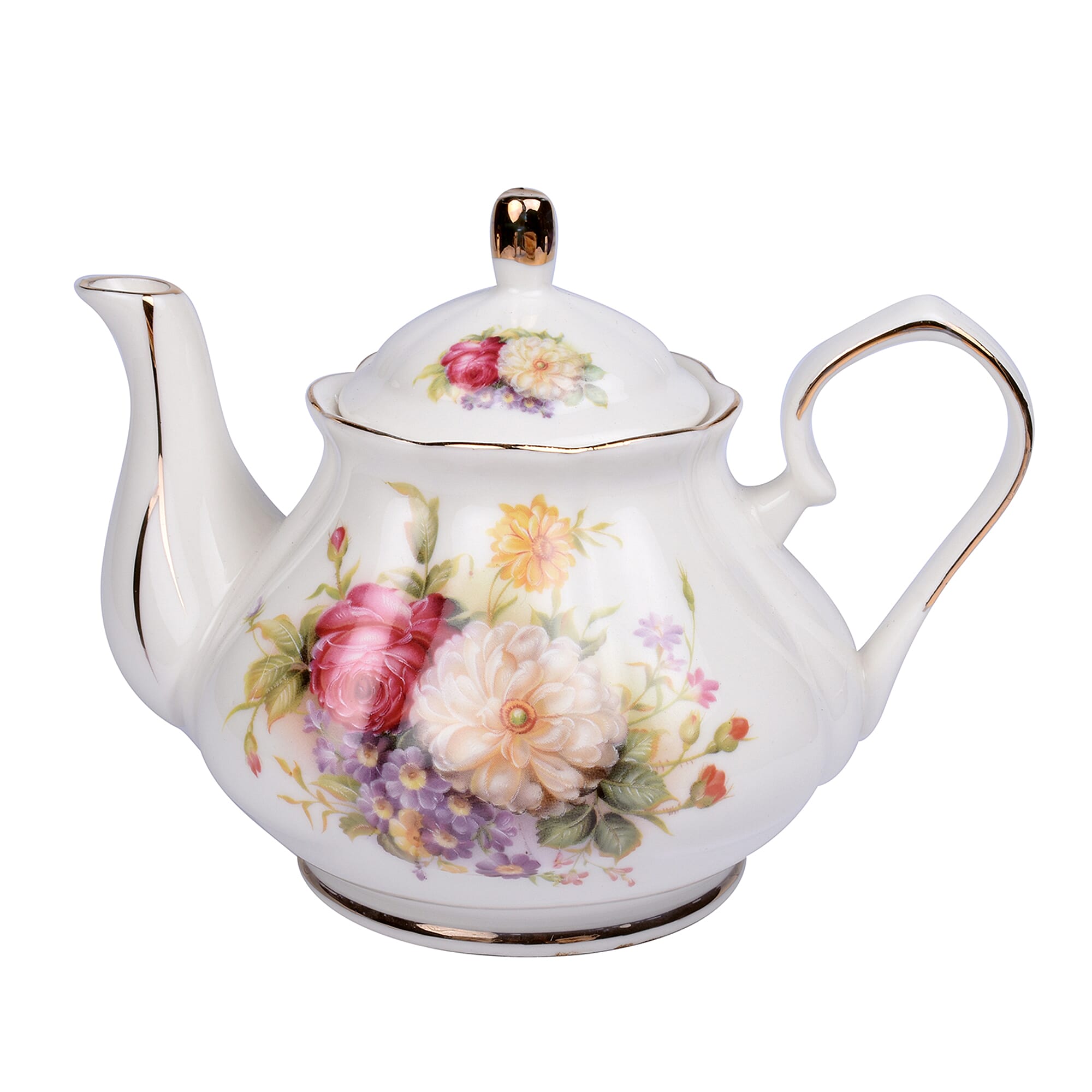 Set of 14 - Rose Pattern Tea Set with Storage Rack - White & Red