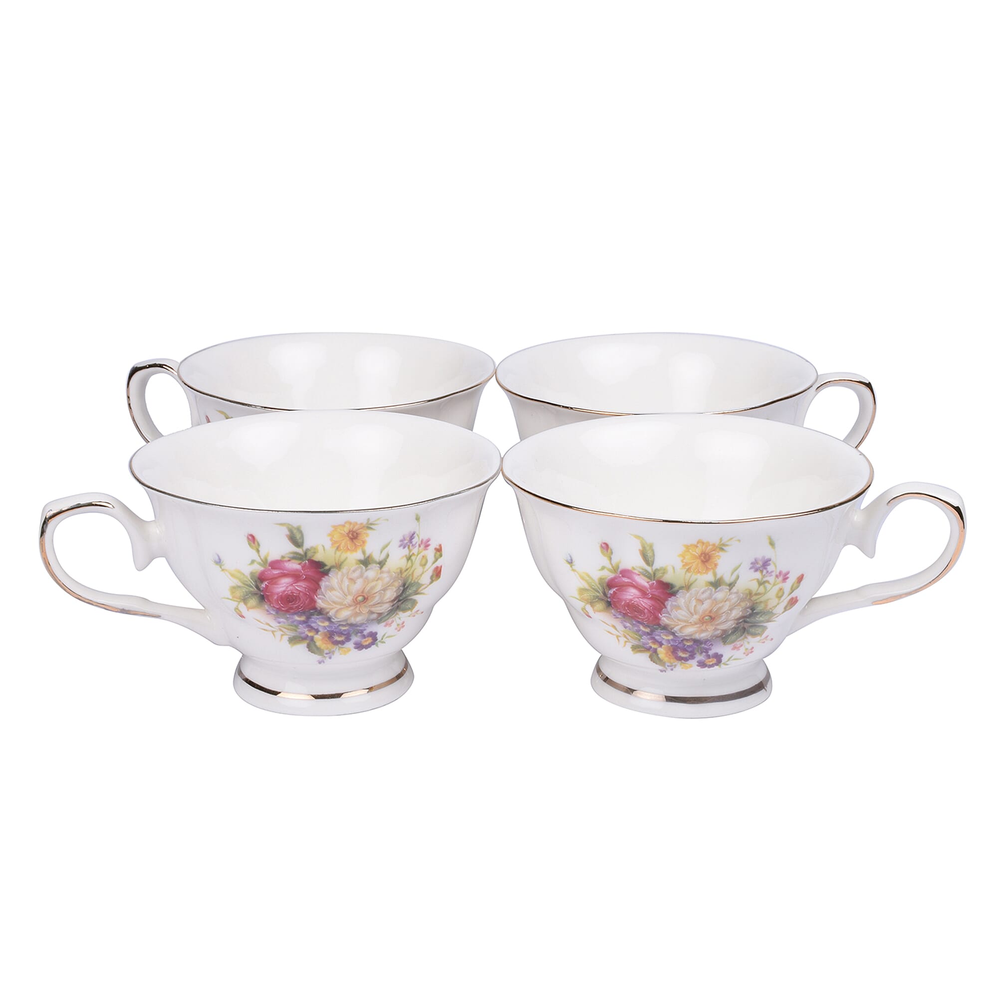 Set of 14 - Rose Pattern Tea Set with Storage Rack - White & Red