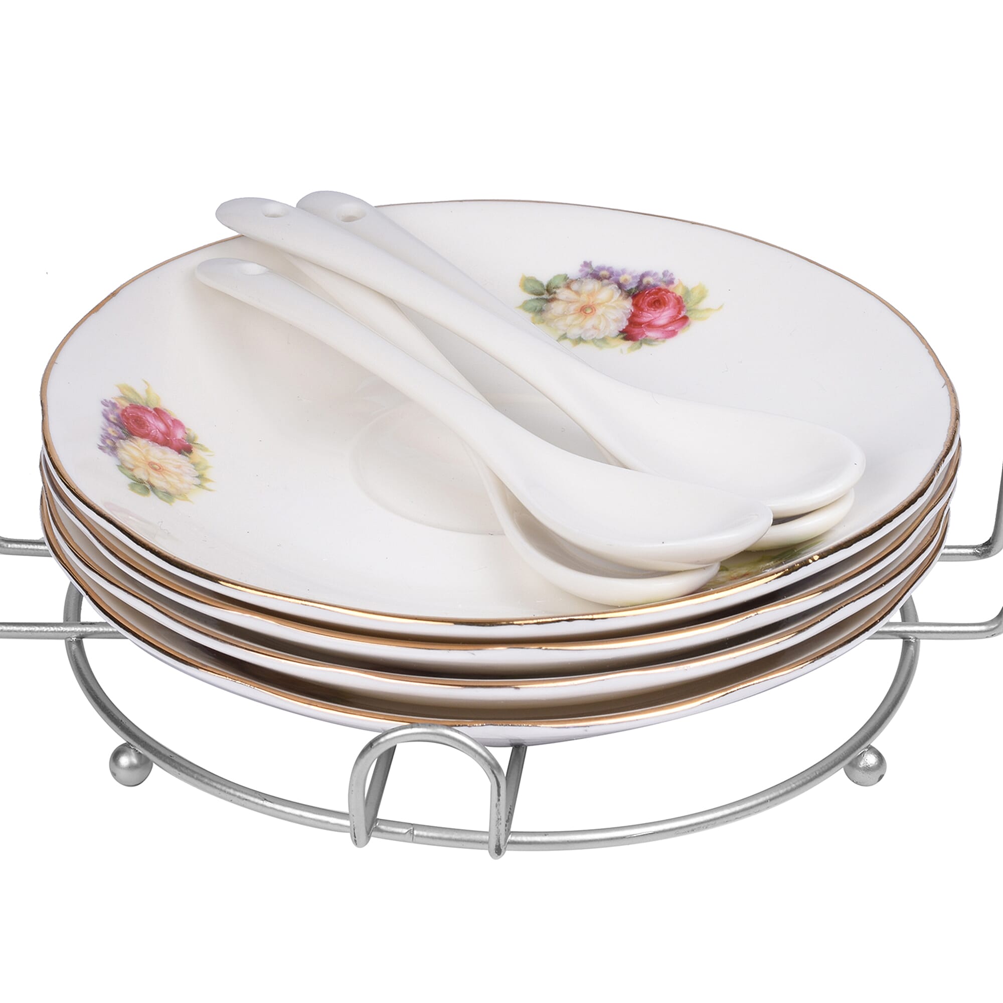 Set of 14 - Rose Pattern Tea Set with Storage Rack - White & Red