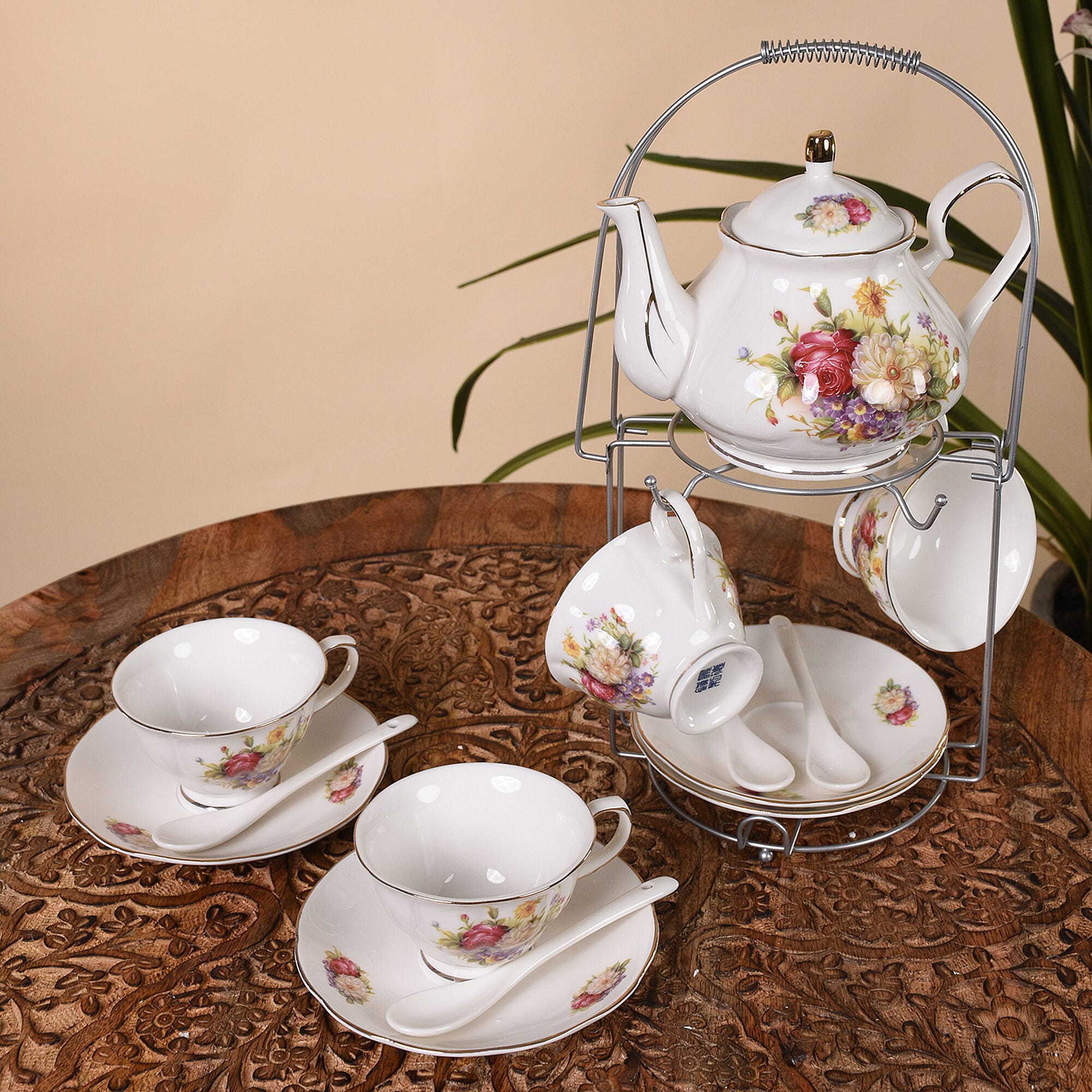 Set of 14 - Rose Pattern Tea Set with Storage Rack - White & Red