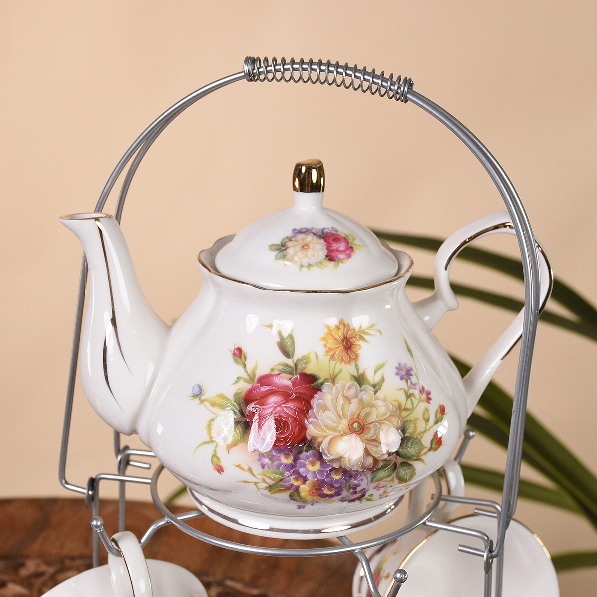 Set of 14 - Rose Pattern Tea Set with Storage Rack - White & Red