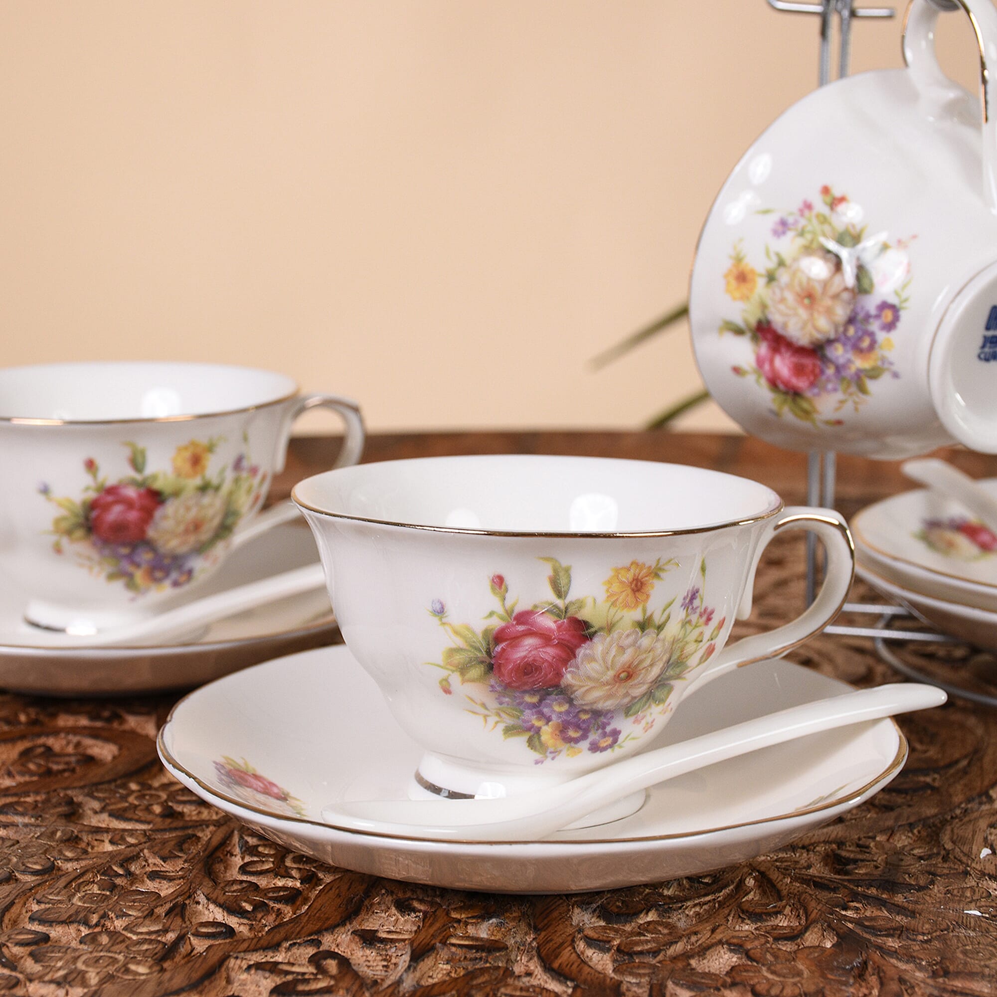 Set of 14 - Rose Pattern Tea Set with Storage Rack - White & Red