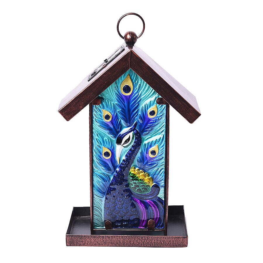 Garden Theme Hand Painted Solar Peacock Pattern Lantern Bird Feeder (Size 18x14x33cm) - Blue and Multi