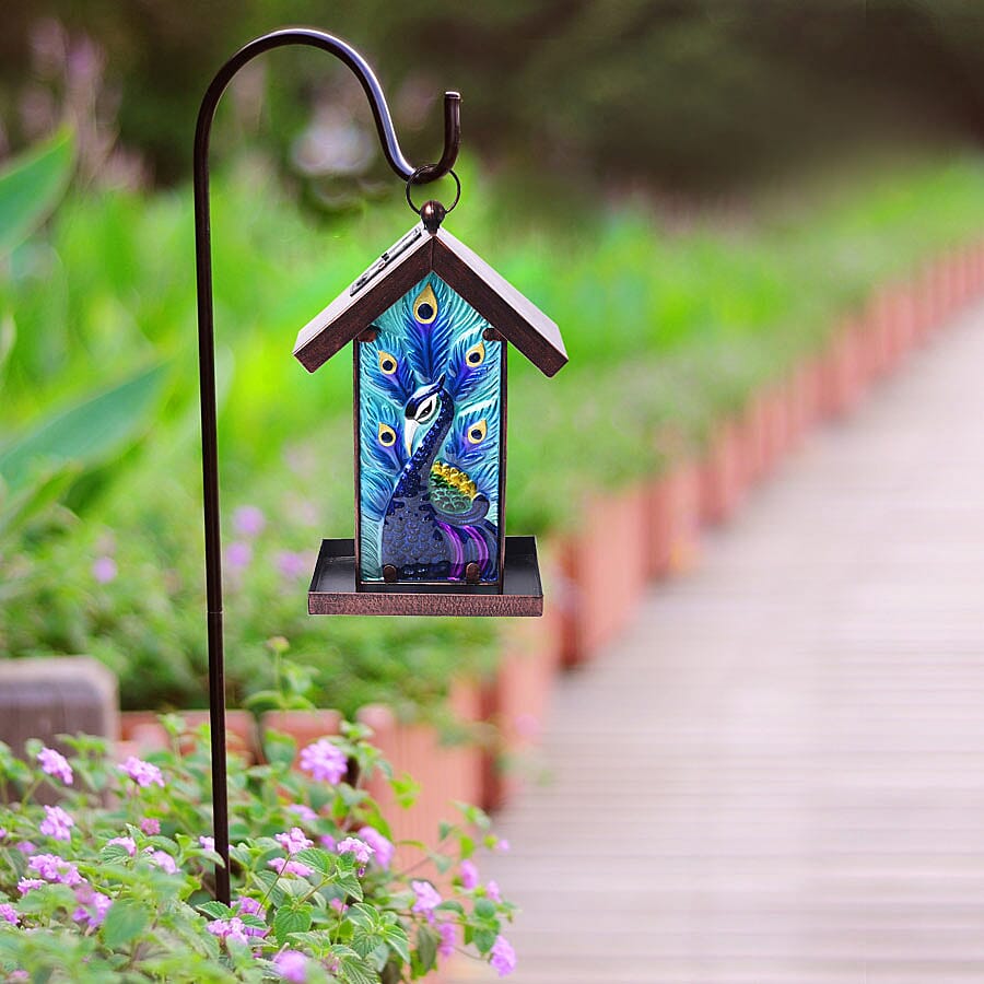 Garden Theme Hand Painted Solar Peacock Pattern Lantern Bird Feeder (Size 18x14x33cm) - Blue and Multi