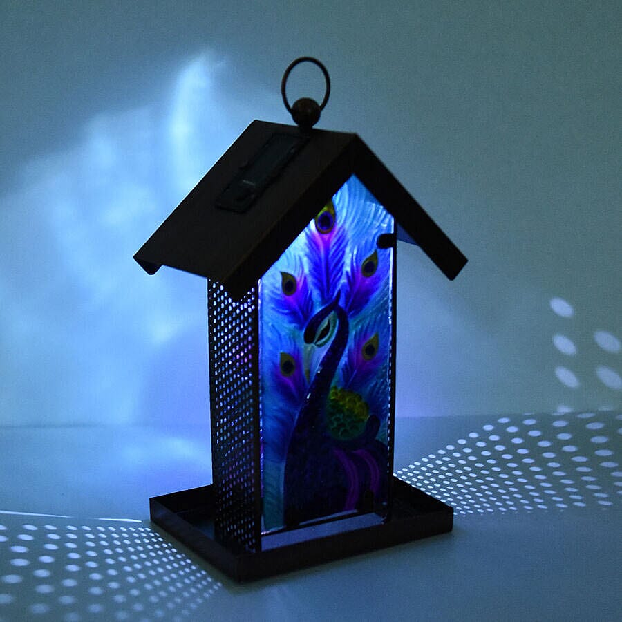 Garden Theme Hand Painted Solar Peacock Pattern Lantern Bird Feeder (Size 18x14x33cm) - Blue and Multi