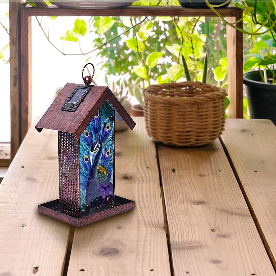 Garden Theme Hand Painted Solar Peacock Pattern Lantern Bird Feeder (Size 18x14x33cm) - Blue and Multi