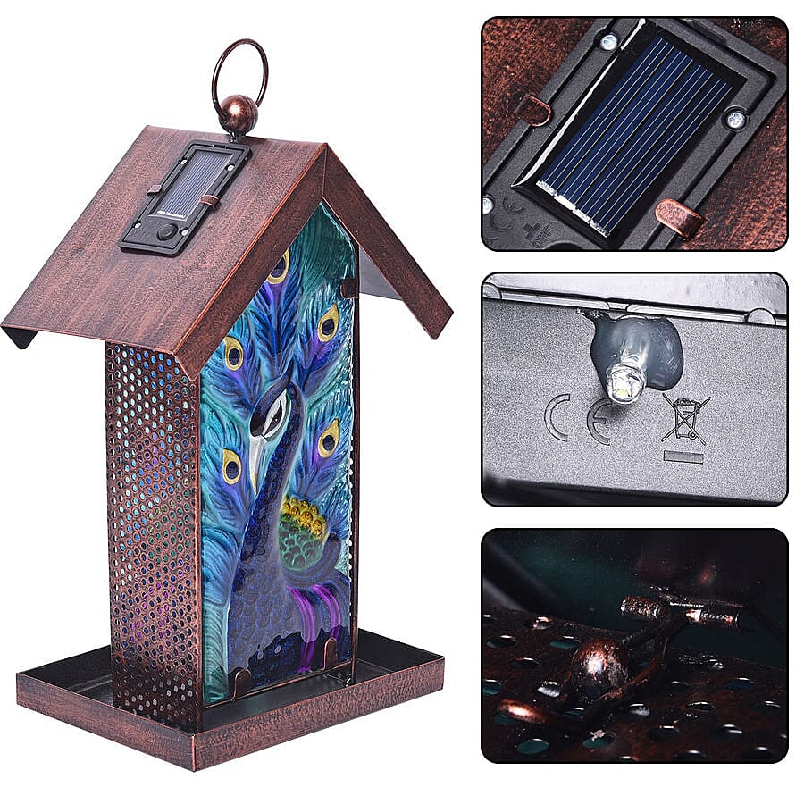 Garden Theme Hand Painted Solar Peacock Pattern Lantern Bird Feeder (Size 18x14x33cm) - Blue and Multi
