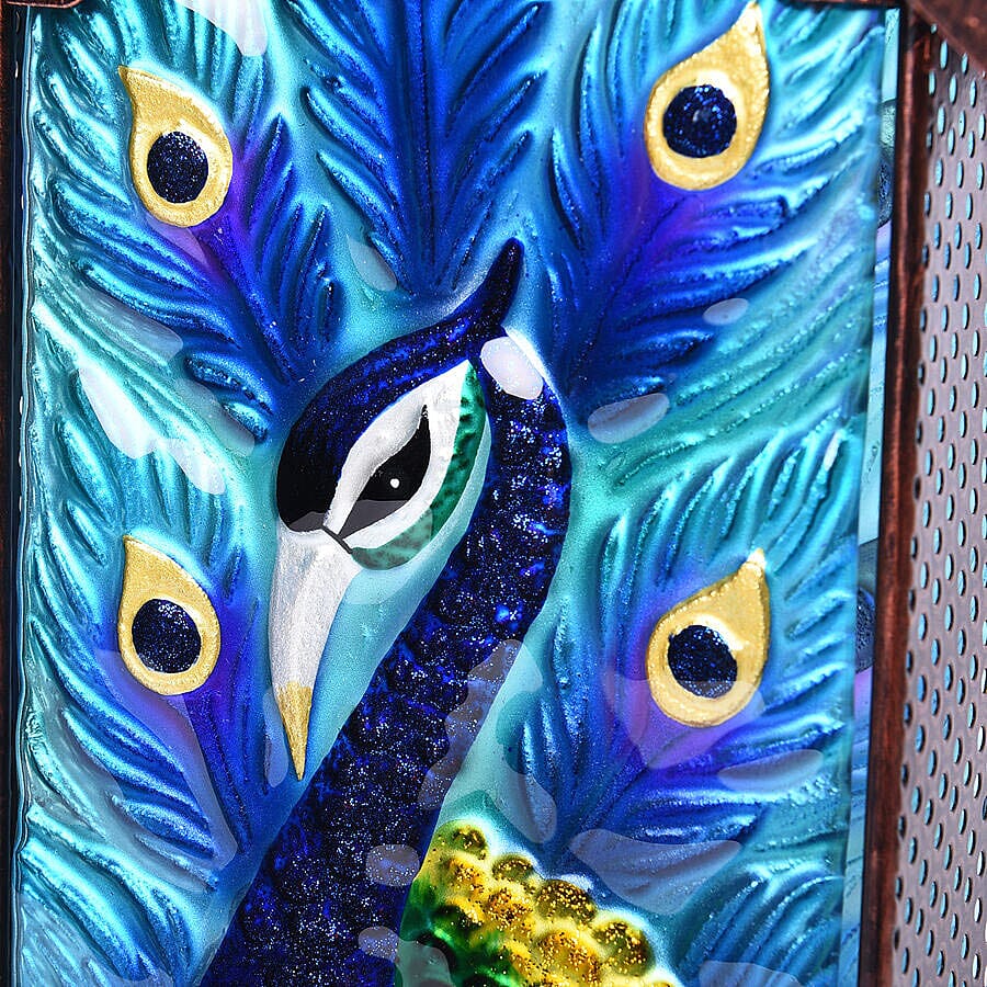Garden Theme Hand Painted Solar Peacock Pattern Lantern Bird Feeder (Size 18x14x33cm) - Blue and Multi
