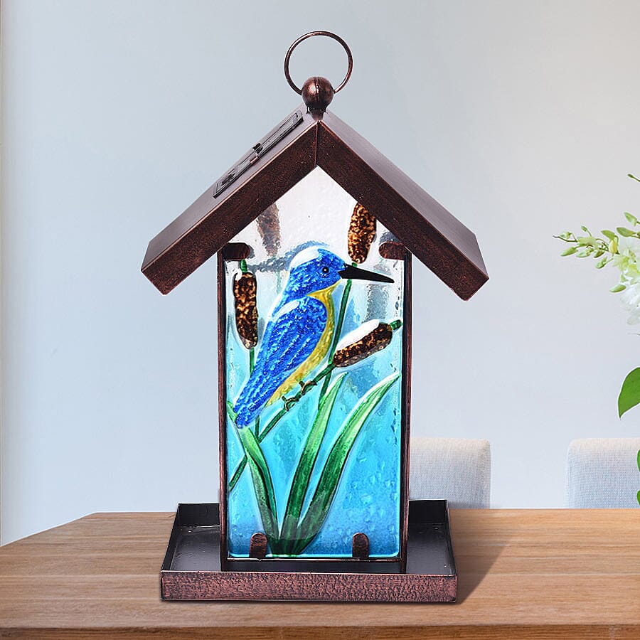 Garden Theme Hand Painted Solar Kingfisher Pattern Lantern Bird Feeder (Size 18x14x33cm) - Blue