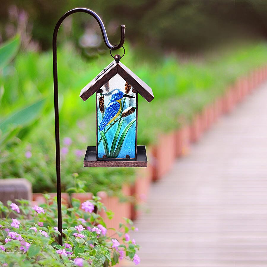 Garden Theme Hand Painted Solar Kingfisher Pattern Lantern Bird Feeder (Size 18x14x33cm) - Blue