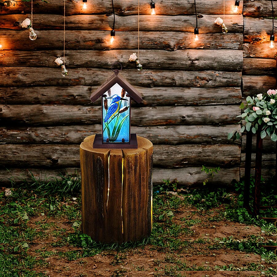 Garden Theme Hand Painted Solar Kingfisher Pattern Lantern Bird Feeder (Size 18x14x33cm) - Blue