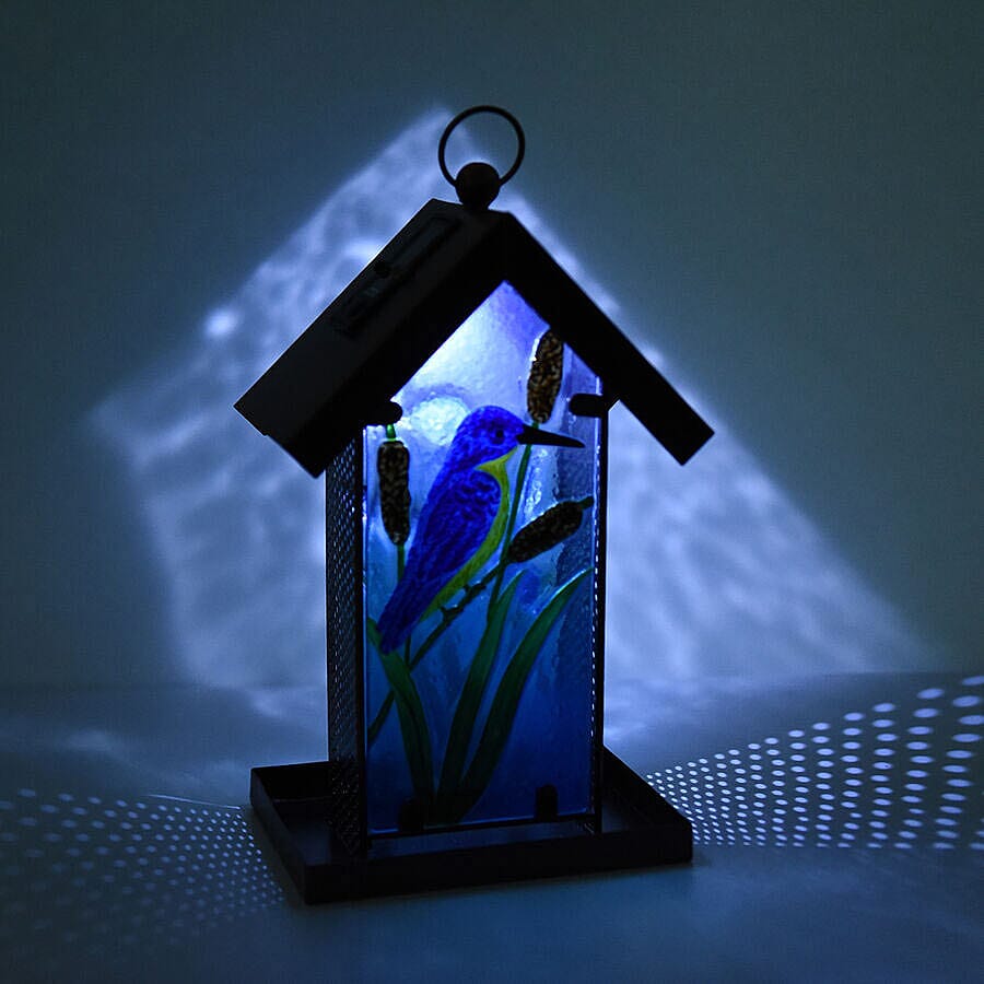 Garden Theme Hand Painted Solar Kingfisher Pattern Lantern Bird Feeder (Size 18x14x33cm) - Blue