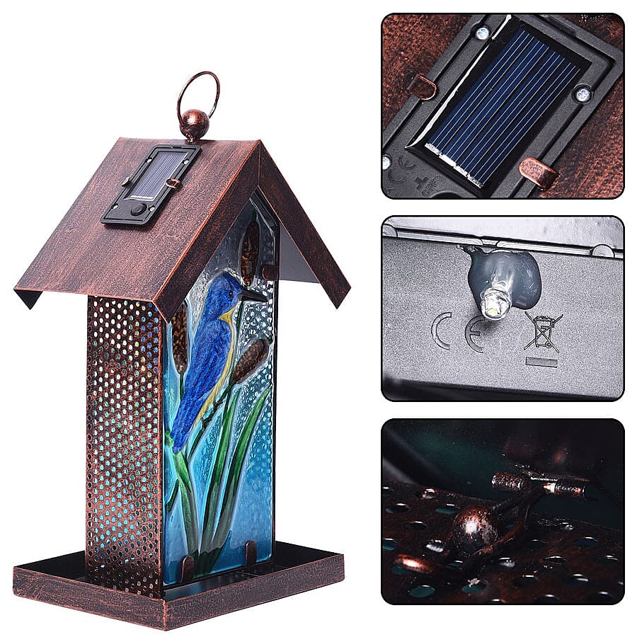 Garden Theme Hand Painted Solar Kingfisher Pattern Lantern Bird Feeder (Size 18x14x33cm) - Blue