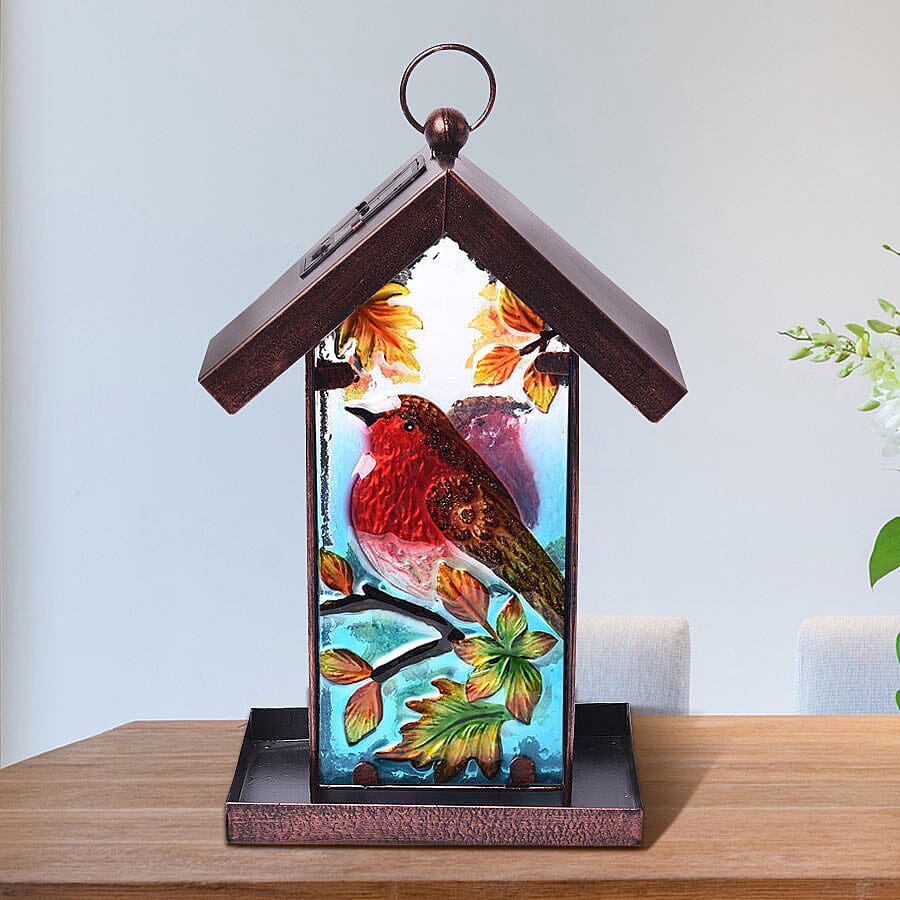 Garden Theme Hand Painted Solar Robin Pattern Lantern Bird Feeder (Size 18x14x33cm) - Red and Multi
