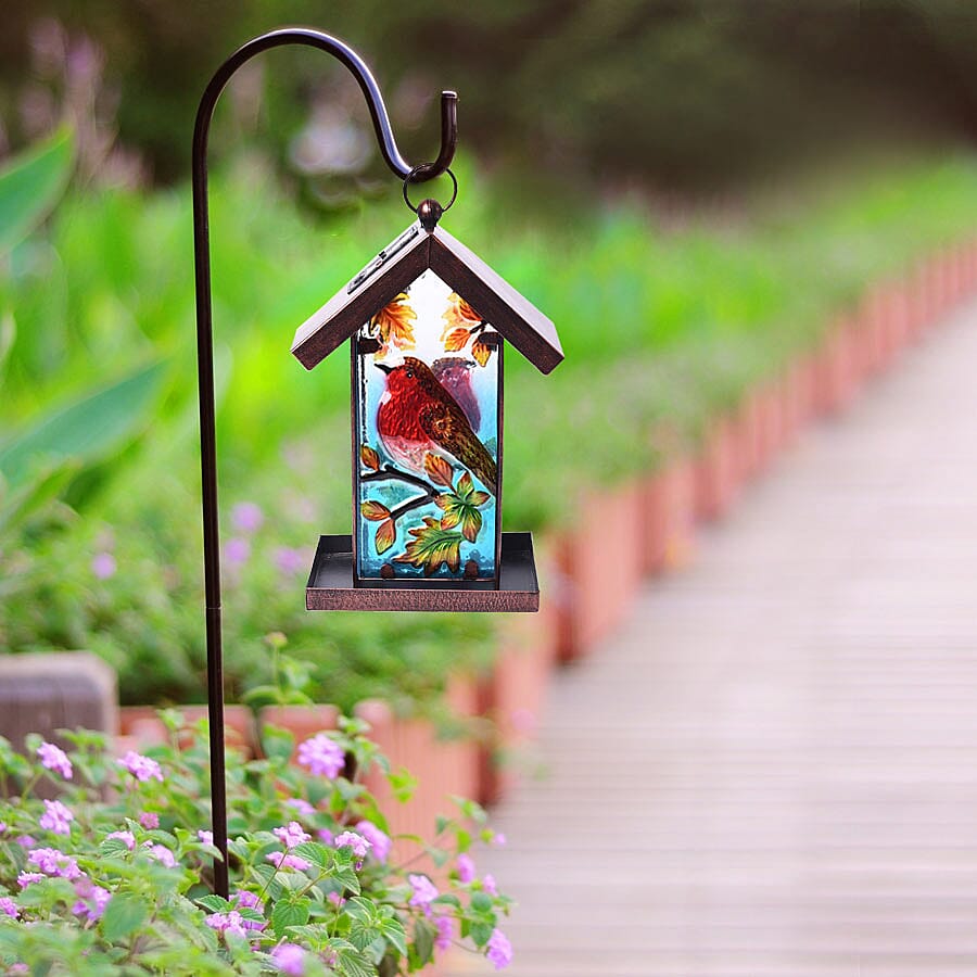 Garden Theme Hand Painted Solar Robin Pattern Lantern Bird Feeder (Size 18x14x33cm) - Red and Multi