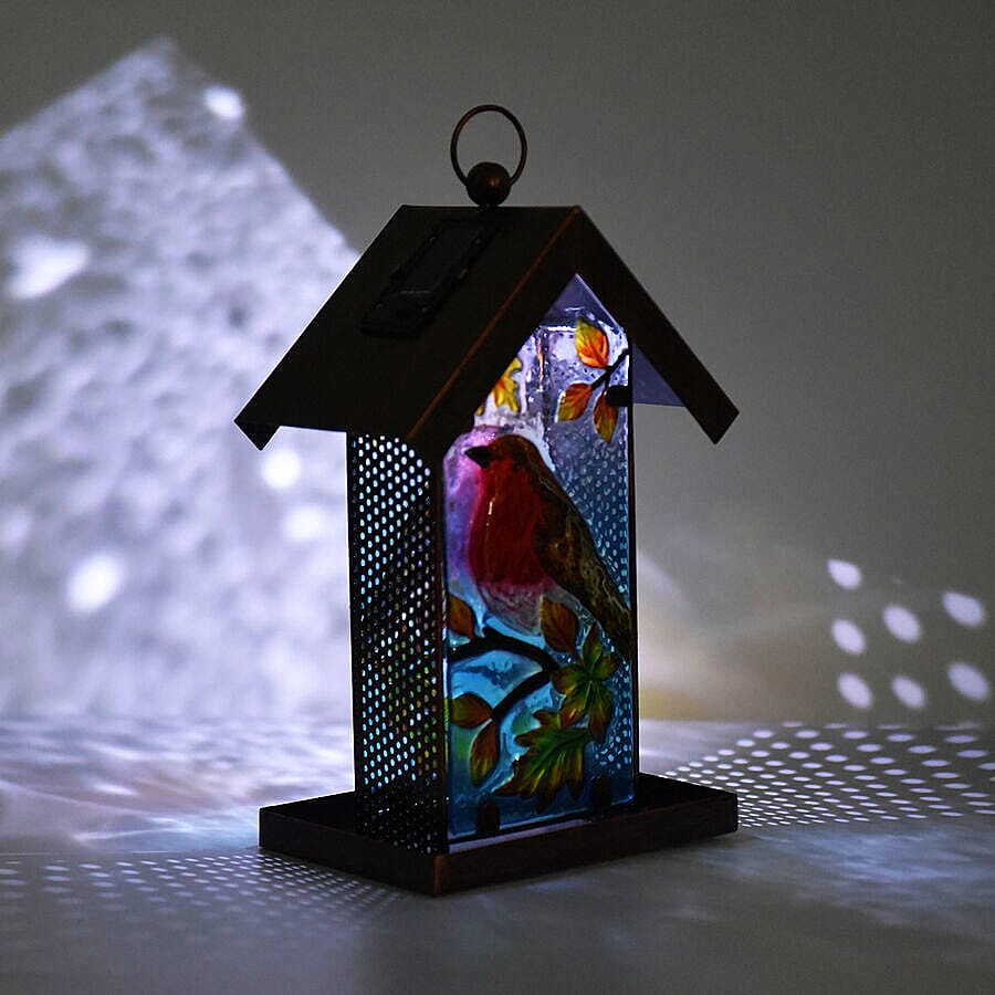 Garden Theme Hand Painted Solar Robin Pattern Lantern Bird Feeder (Size 18x14x33cm) - Red and Multi