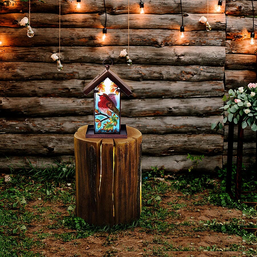 Garden Theme Hand Painted Solar Robin Pattern Lantern Bird Feeder (Size 18x14x33cm) - Red and Multi