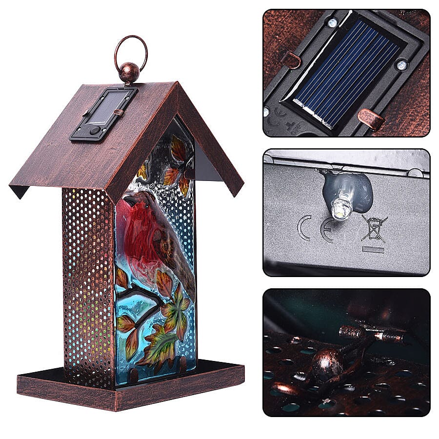 Garden Theme Hand Painted Solar Robin Pattern Lantern Bird Feeder (Size 18x14x33cm) - Red and Multi