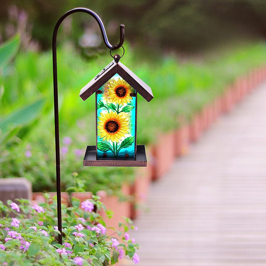 Garden Theme Hand Painted Solar Sunflower Pattern Lantern Bird Feeder (Size 18x14x33cm) - Yellow