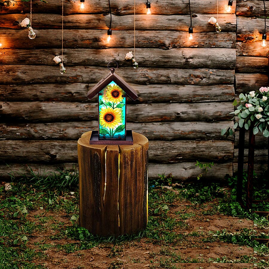 Garden Theme Hand Painted Solar Sunflower Pattern Lantern Bird Feeder (Size 18x14x33cm) - Yellow