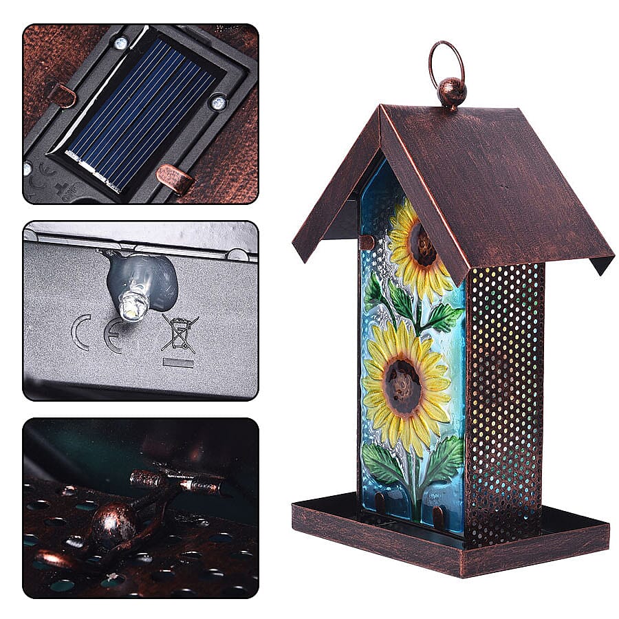 Garden Theme Hand Painted Solar Sunflower Pattern Lantern Bird Feeder (Size 18x14x33cm) - Yellow