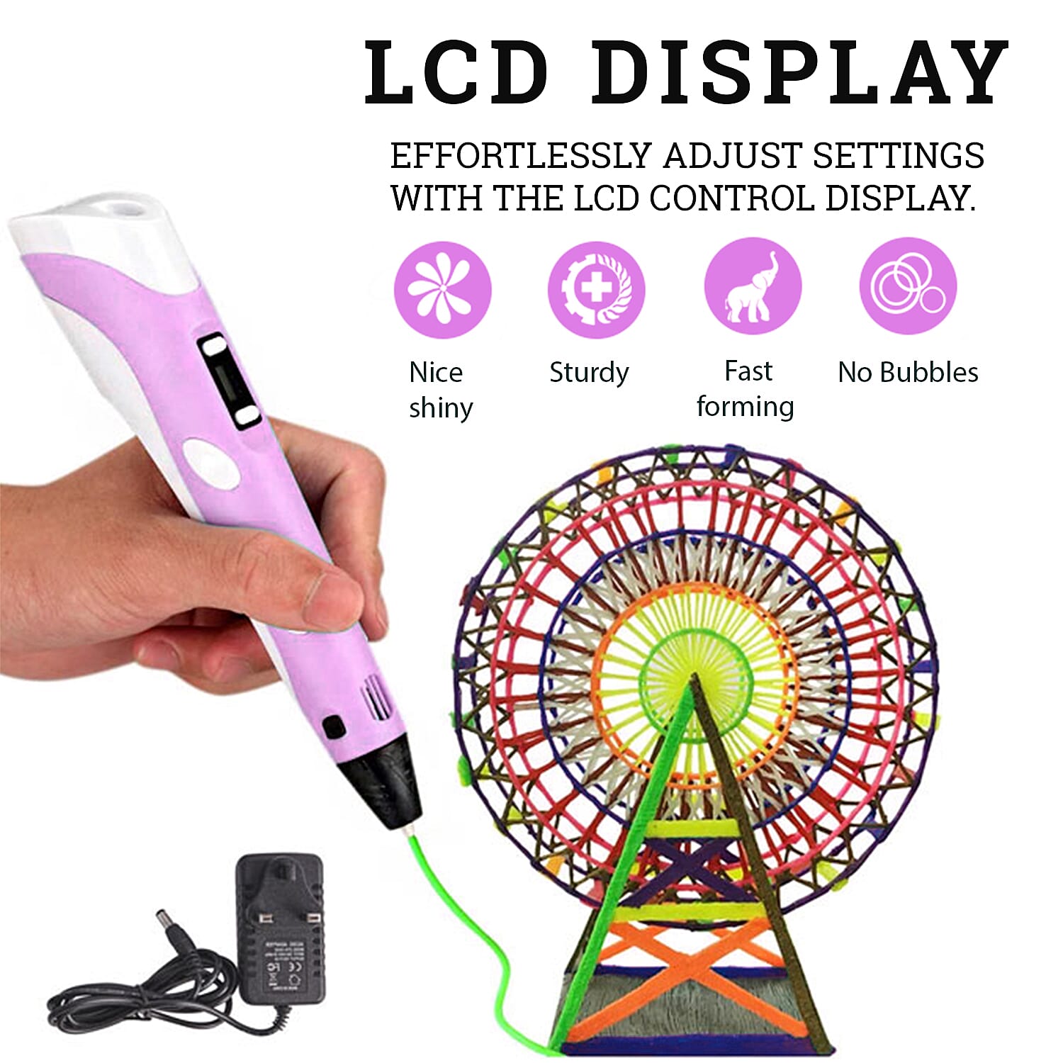 Professional Grade Printing 3D Printing Pen with OLED Display with 3 Colour Wires - Pink