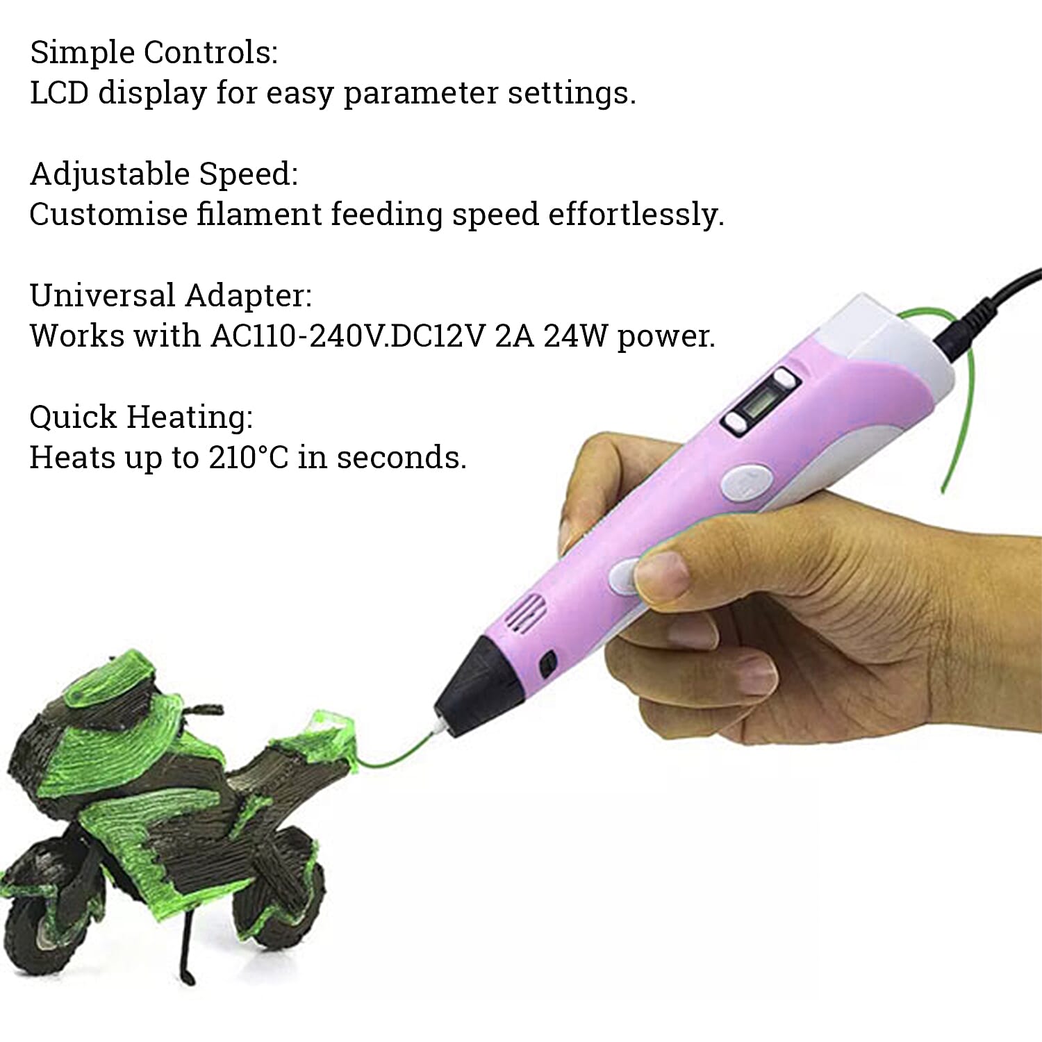 Professional Grade Printing 3D Printing Pen with OLED Display with 3 Colour Wires - Pink