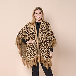 LA MAREY Leopard Print Kimono with Full Tassel in Brown