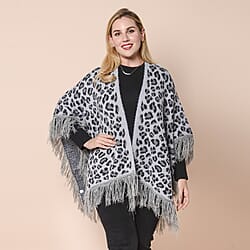 LA MAREY Leopard Print Kimono with Full Tassel in Grey