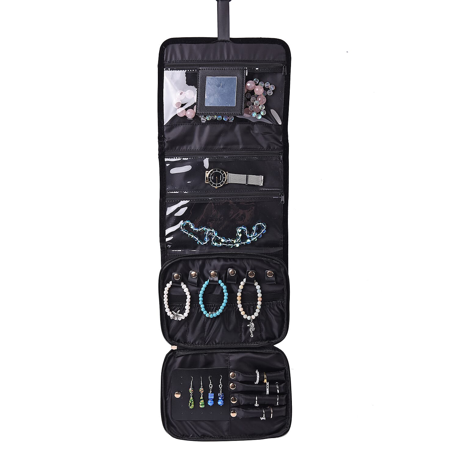 Foldable Travel Jewellery Storage Pouch with Hanging Hook in Black Colour