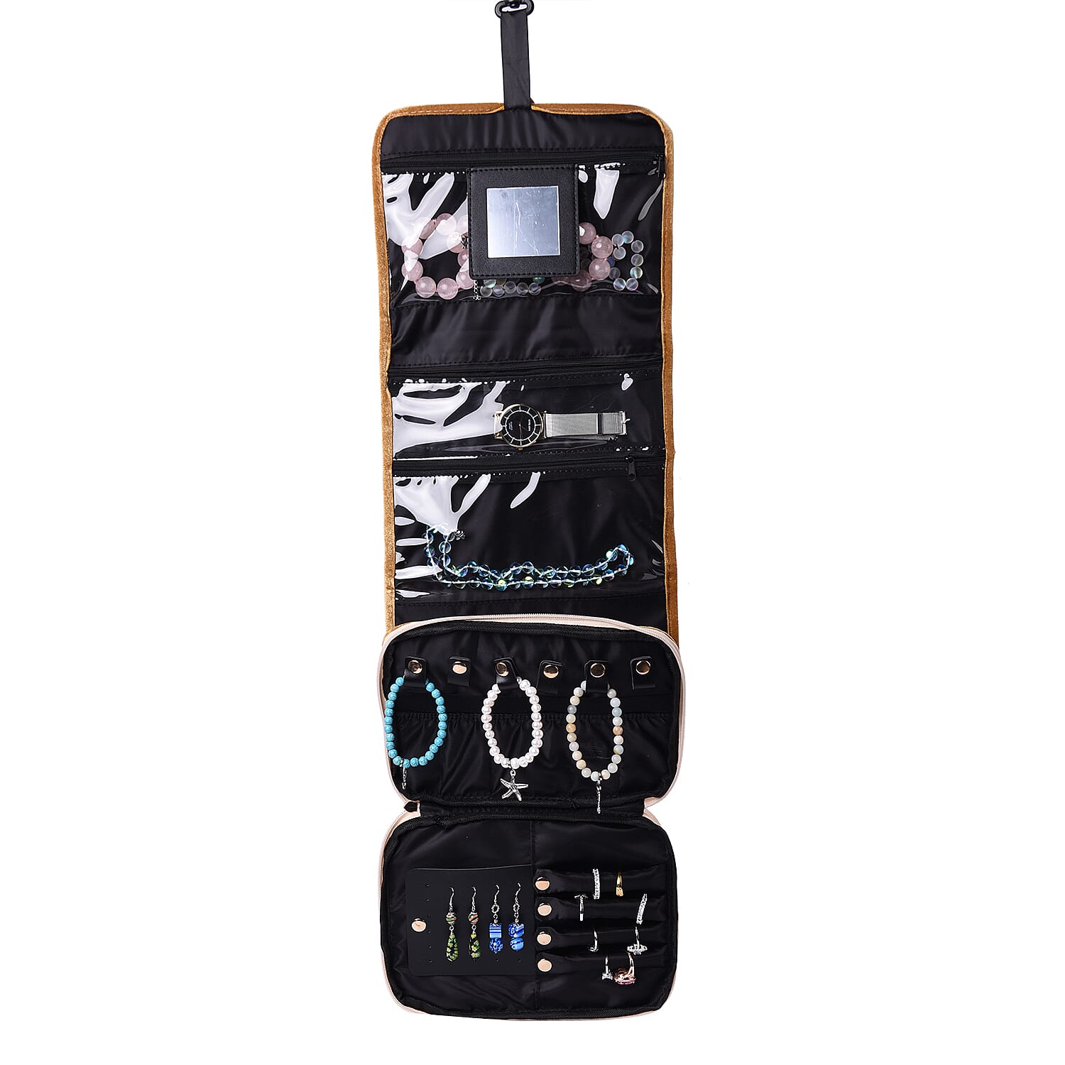 Foldable Travel Jewellery Storage Pouch with Hanging Hook in Golden Colour