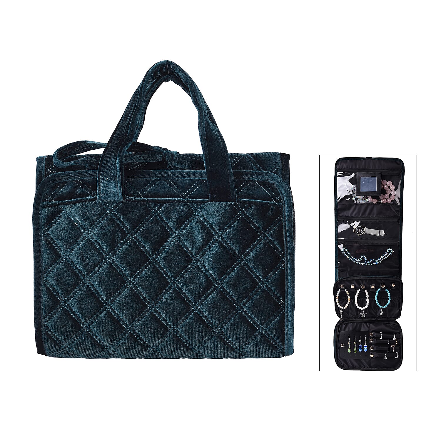 Foldable Travel Jewellery Storage Pouch with Hanging Hook in Dark Green Colour