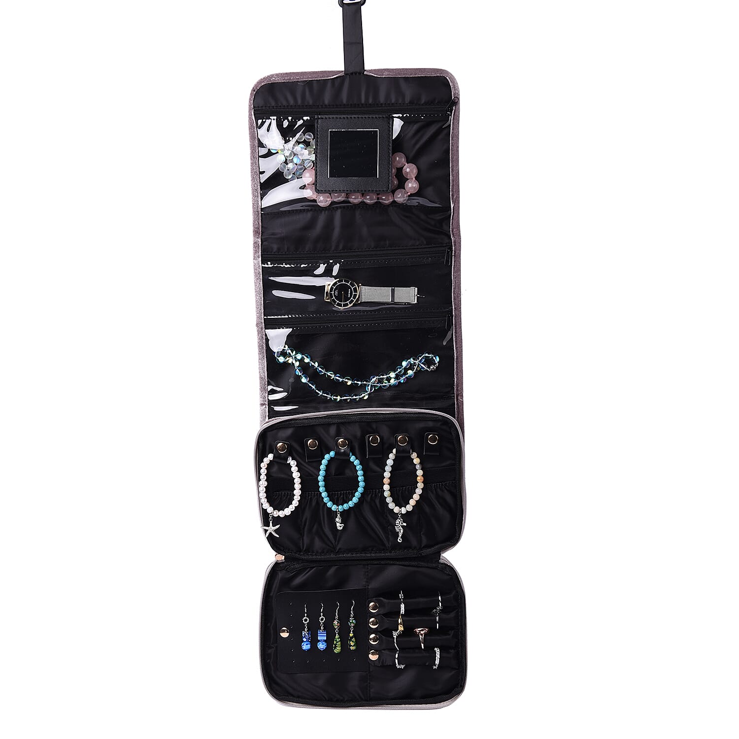 Foldable Travel Jewellery Storage Pouch with Hanging Hook in Silver Colour