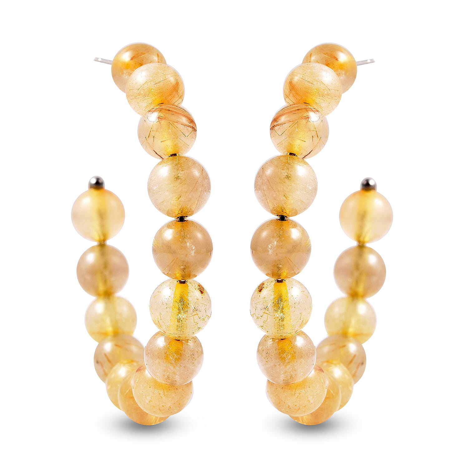 Golden Rutilated Quartz Beaded Hoop Earrings (with Push Back) in Stainless Steel  55.00 Ct.