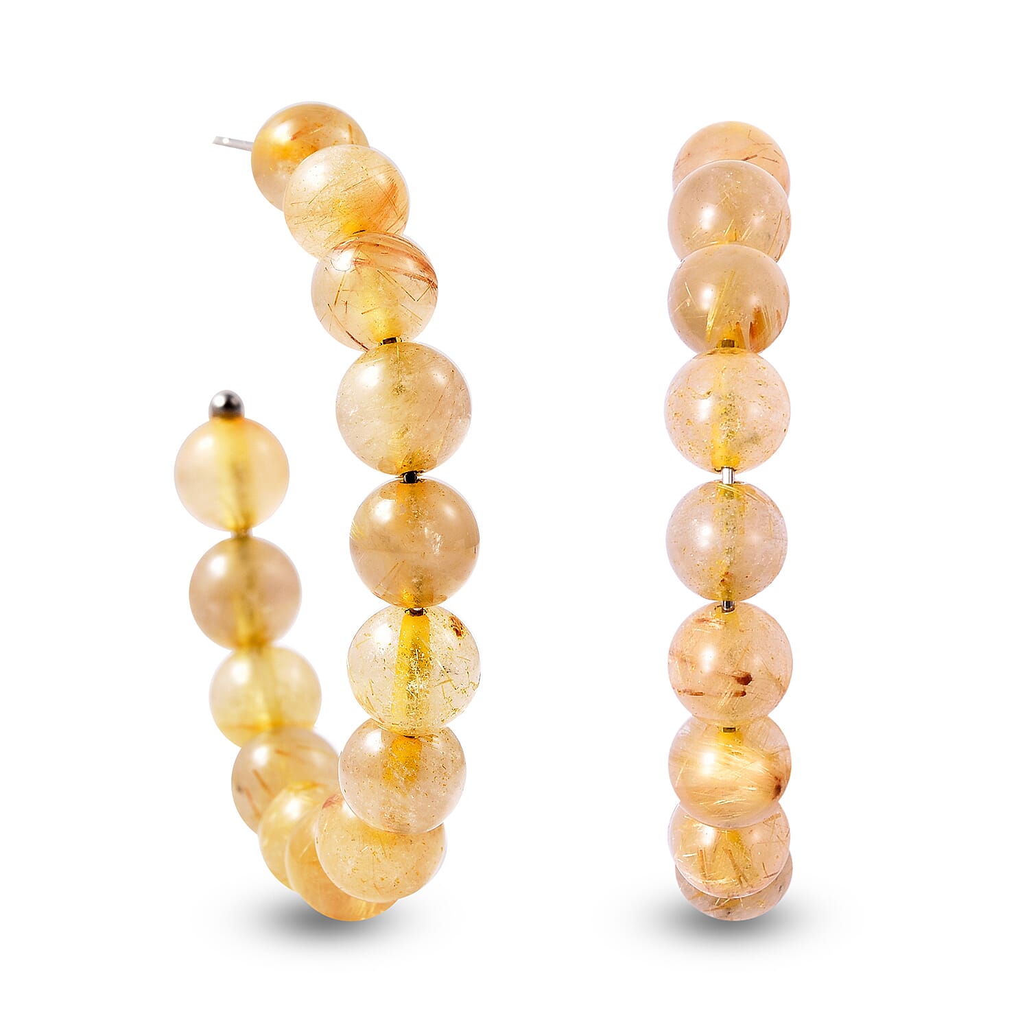 Golden Rutilated Quartz Beaded Hoop Earrings (with Push Back) in Stainless Steel  55.00 Ct.