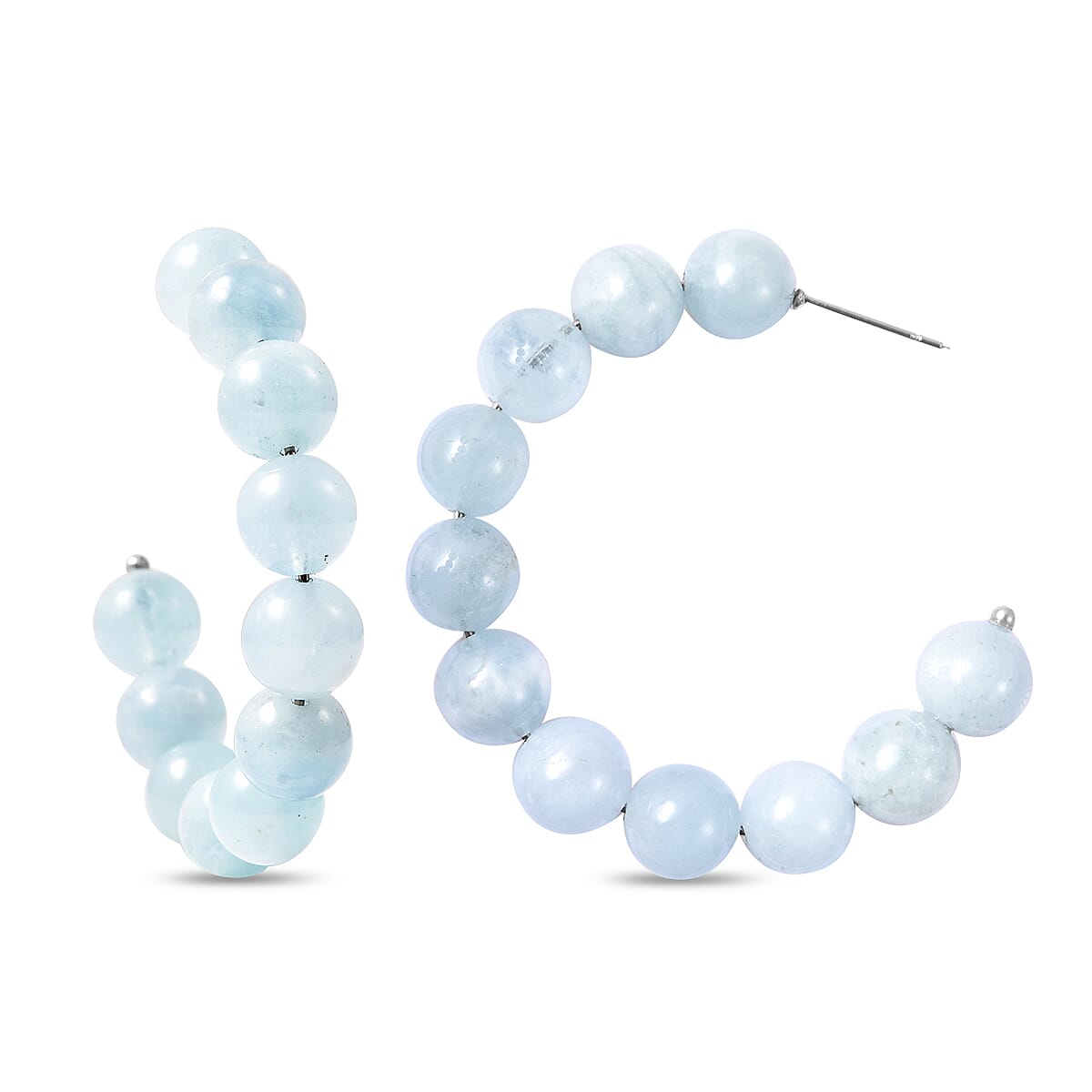 Aquamarine Beaded Hoop Earrings (with Push Back) in Stainless Steel  75.00 Ct.