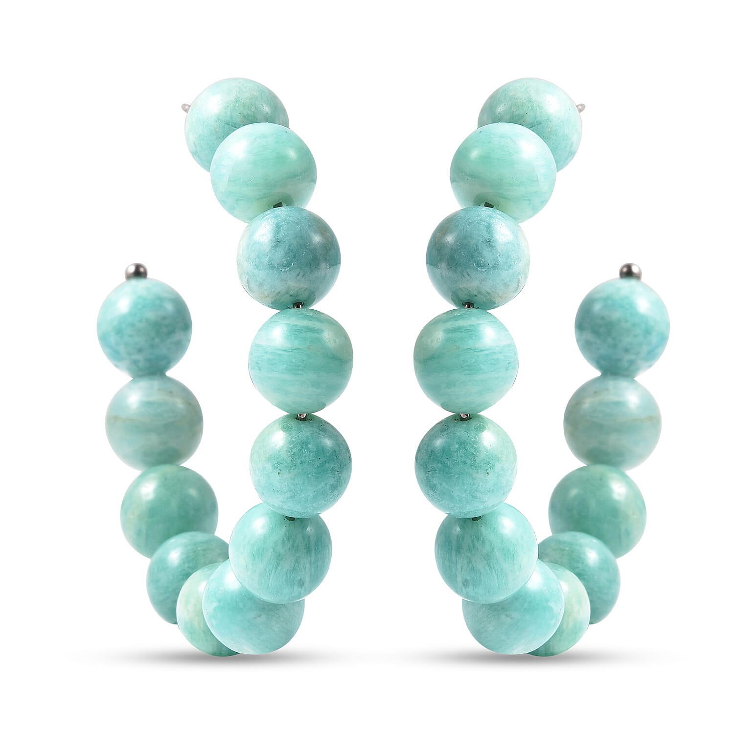 Amazonite Beaded Hoop Earrings (with Push Back) in Stainless Steel  70.00 Ct.