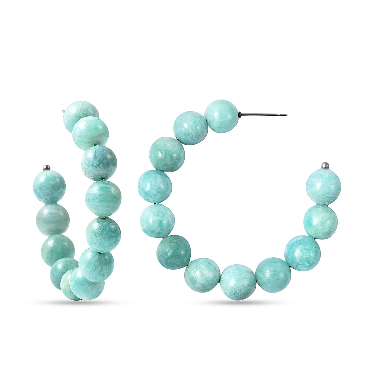 Amazonite Beaded Hoop Earrings (with Push Back) in Stainless Steel  70.00 Ct.