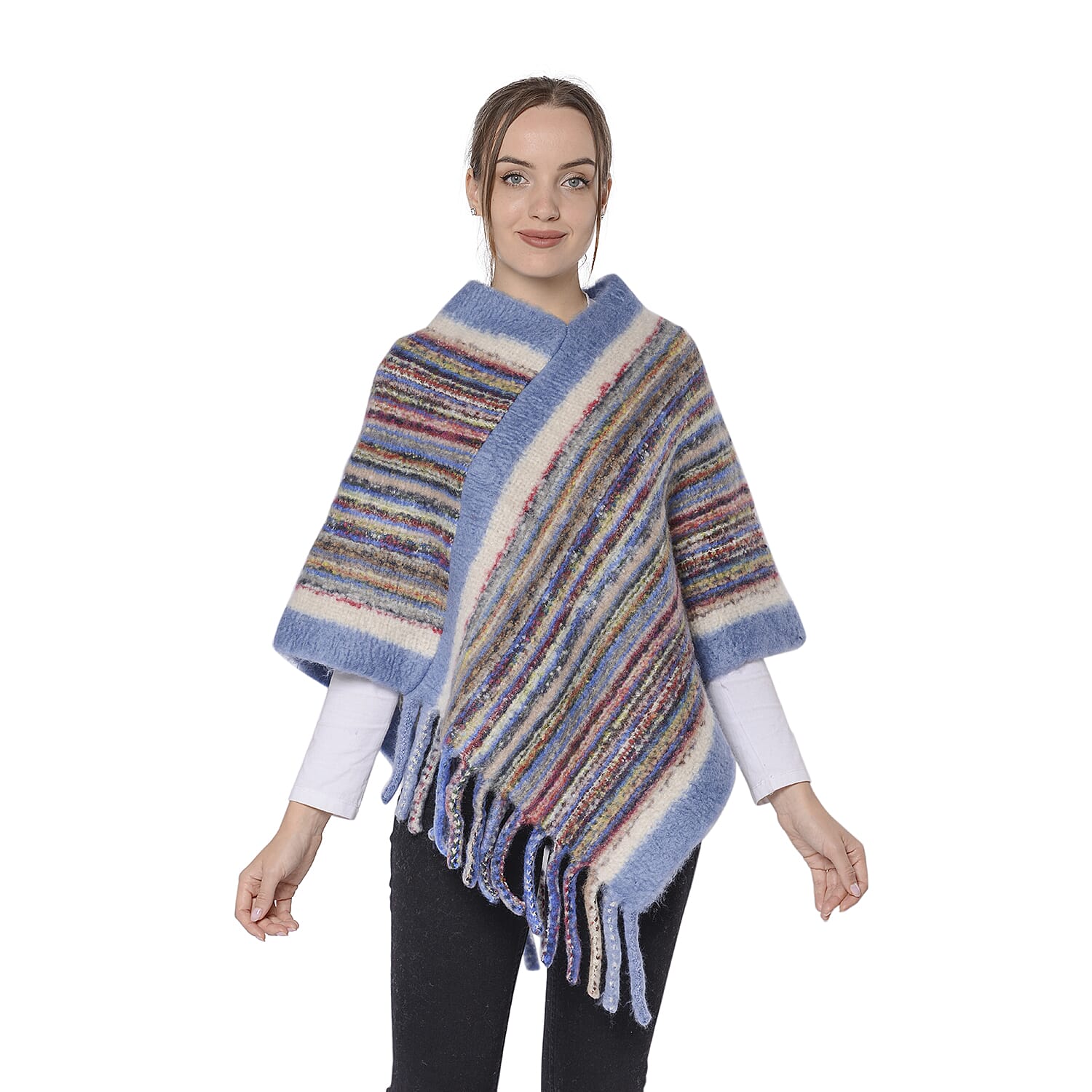 New Arrival Spring Style Striped Poncho with Blue Border and Tassel Hem