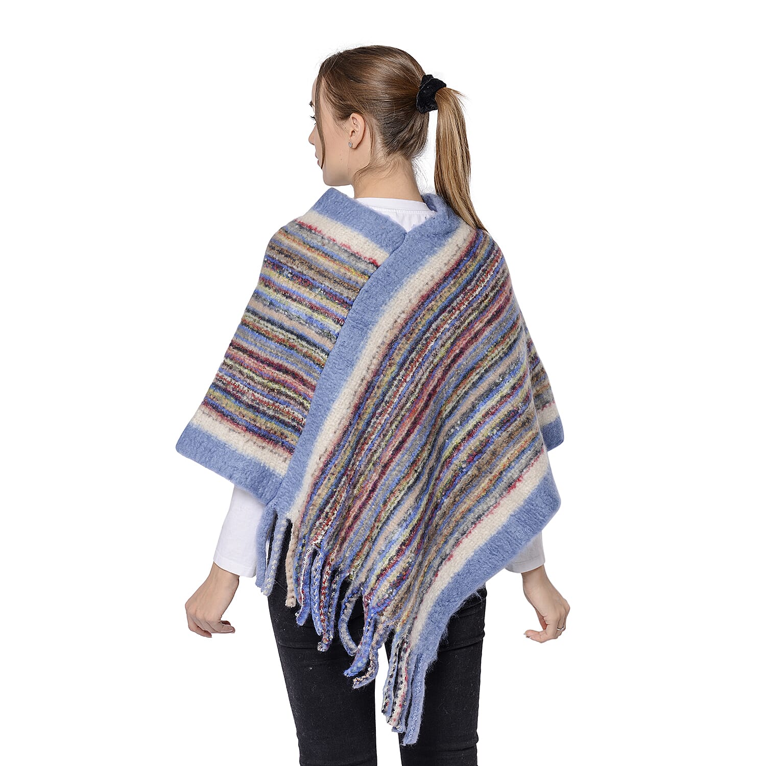 New Arrival Spring Style Striped Poncho with Blue Border and Tassel Hem