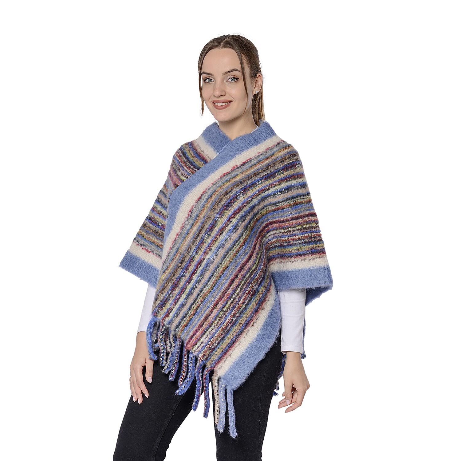New Arrival Spring Style Striped Poncho with Blue Border and Tassel Hem