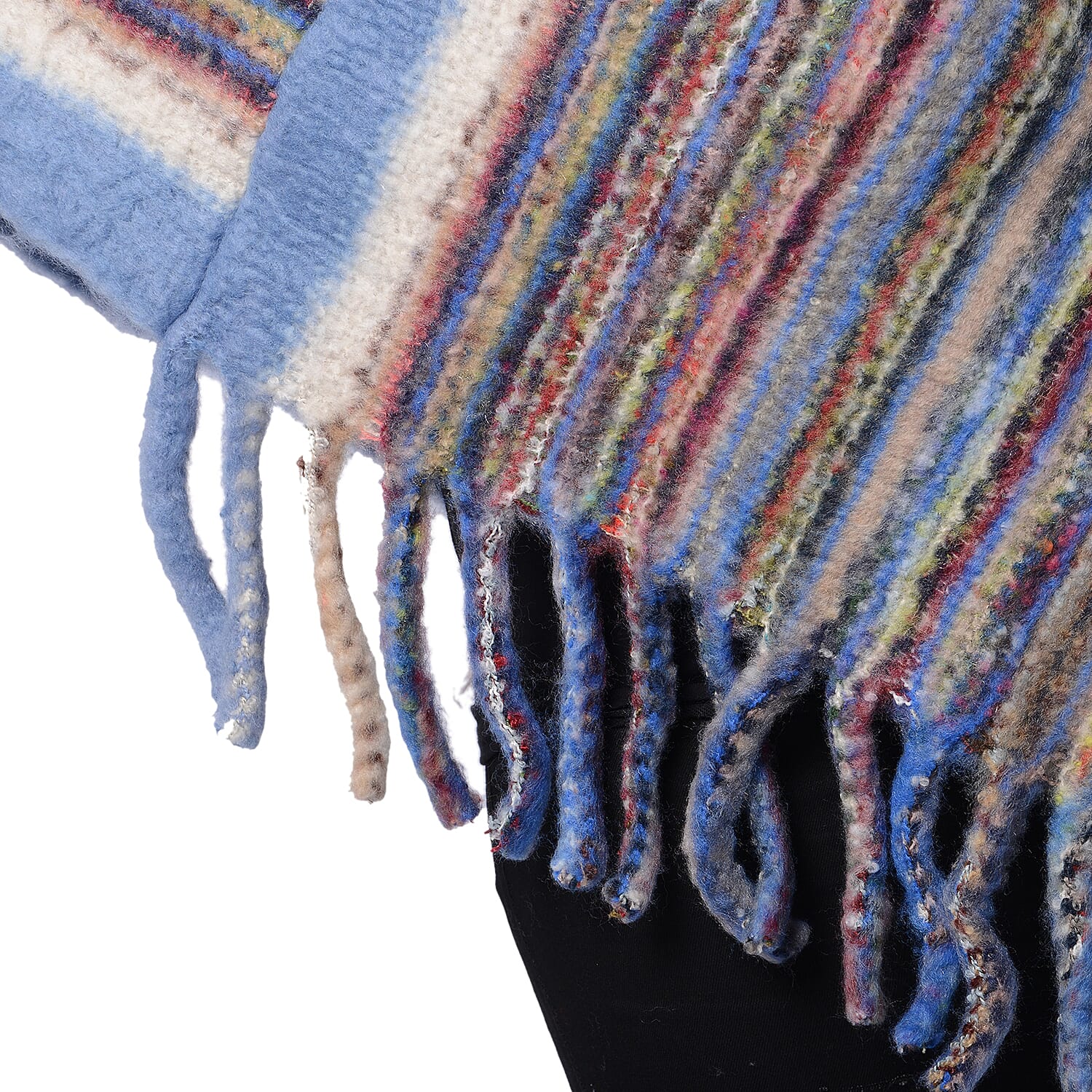 New Arrival Spring Style Striped Poncho with Blue Border and Tassel Hem