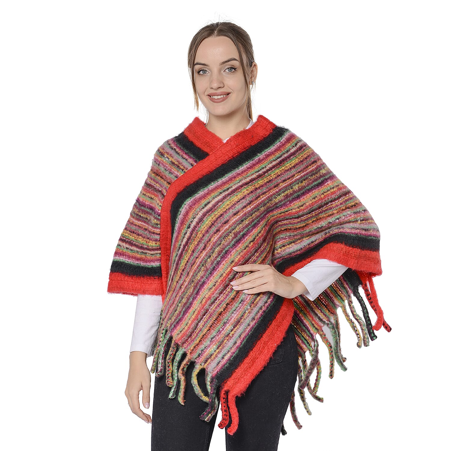 Multi Colour Ethnic Style Striped Poncho with Red Border and Tassel Hem