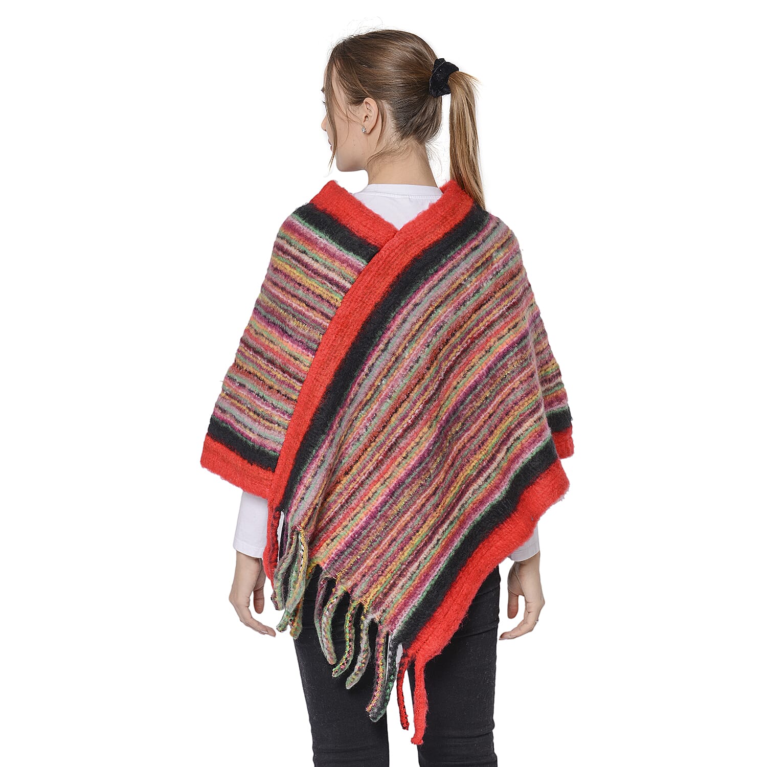 Multi Colour Ethnic Style Striped Poncho with Red Border and Tassel Hem
