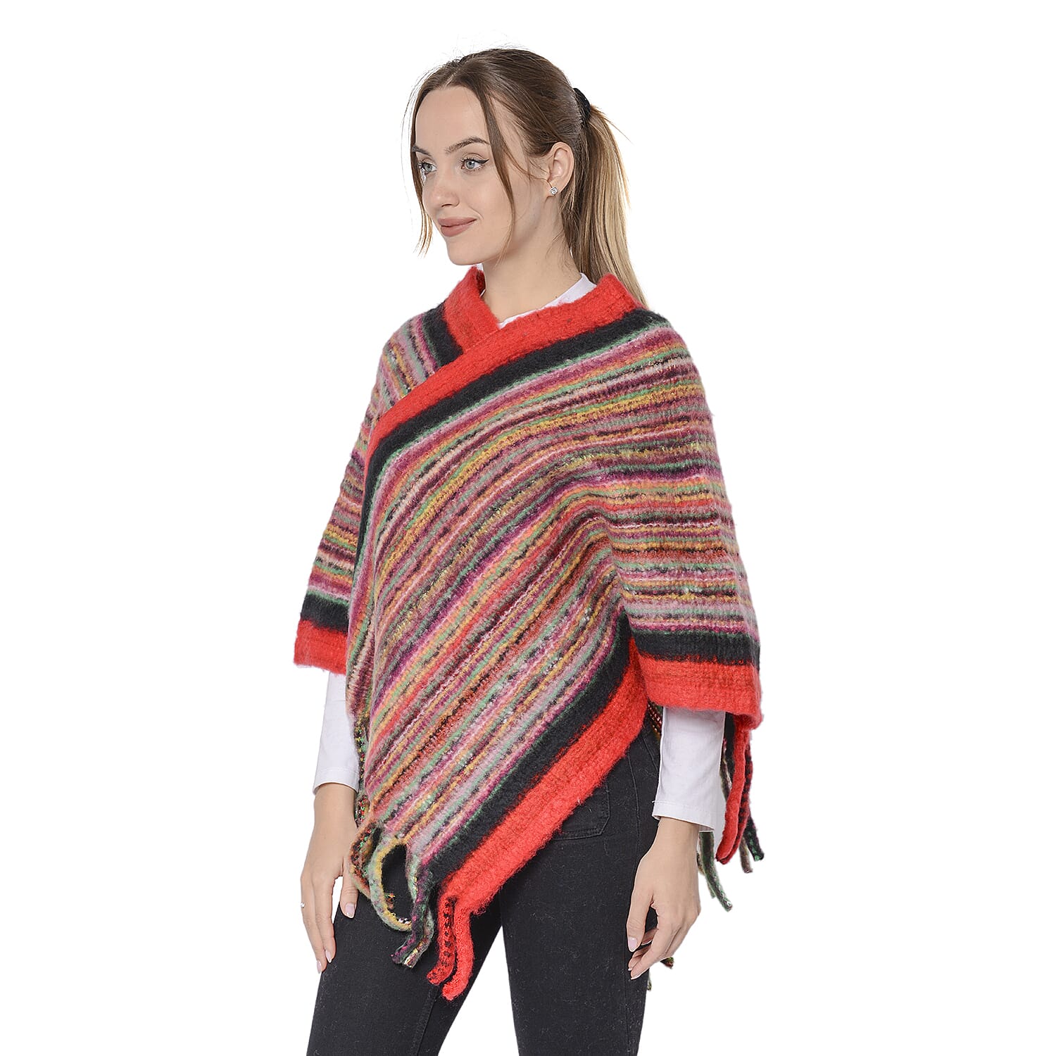 Multi Colour Ethnic Style Striped Poncho with Red Border and Tassel Hem